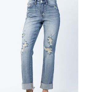 Judy Blue Jeans High Rise Boyfriend Destroyed Cuffed Frayed Hem Stretch NWT 13